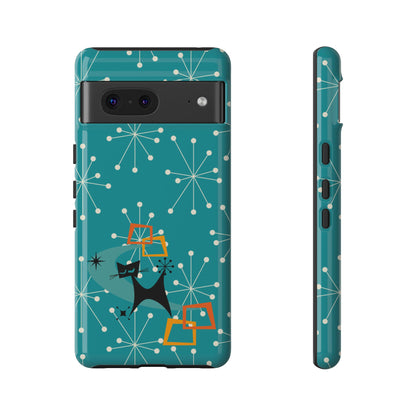 Atomic Space Cat, Starburst Blue, Retro Groovy Smart Phone Tough Phone Cases