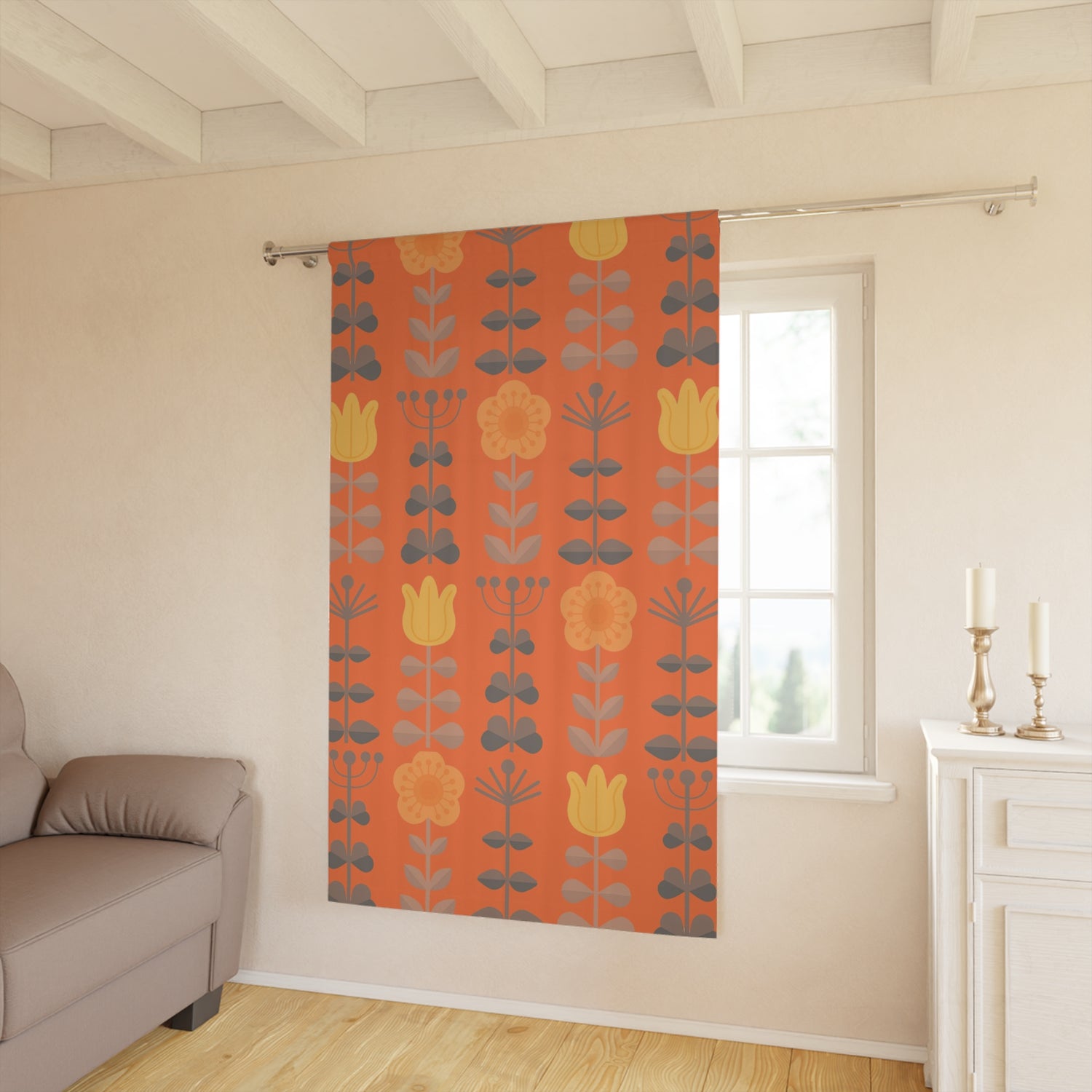 Scandinavian Curtains, Modern Danish, Nordic, Hygge, Orange, Yellow, Retro Folk Art Flowers, Floral Blackout Window Curtains - Mid Century Modern Gal