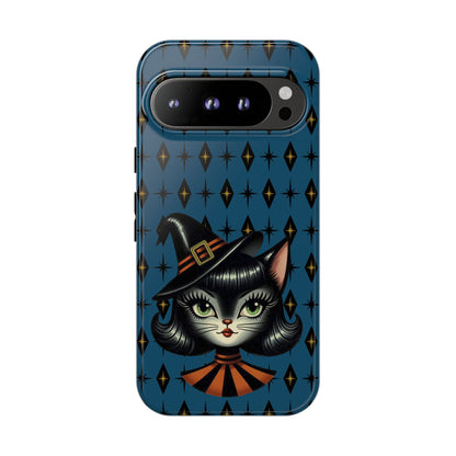 Vintage Halloween Black Cat Sexy Sexton Mid Century Modern Blue Tough Phone Case
