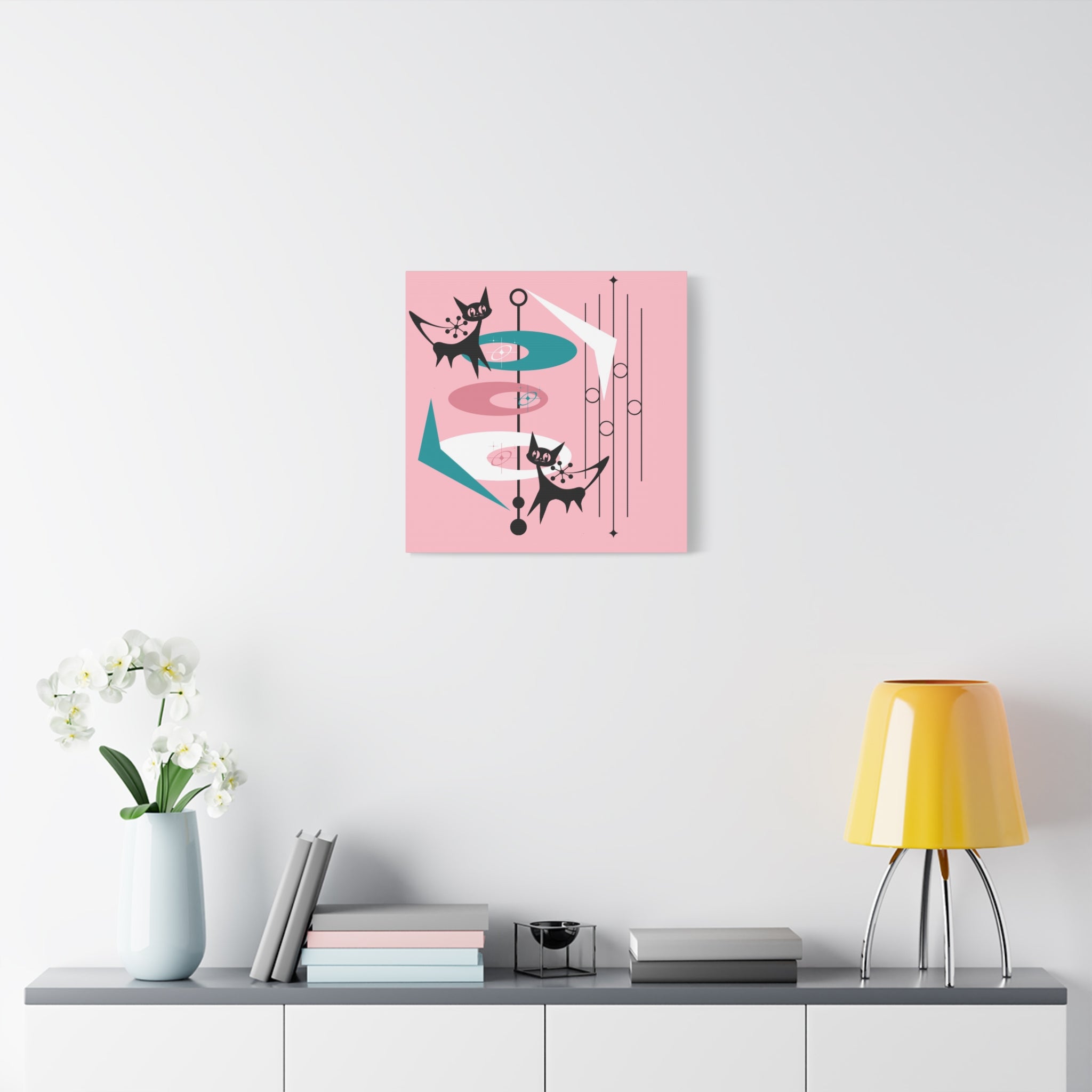 Atomic Cat Pink Abstract Minimalist Mid Century Modern Wall Canvas Art - Modern Geometric Wall Decor