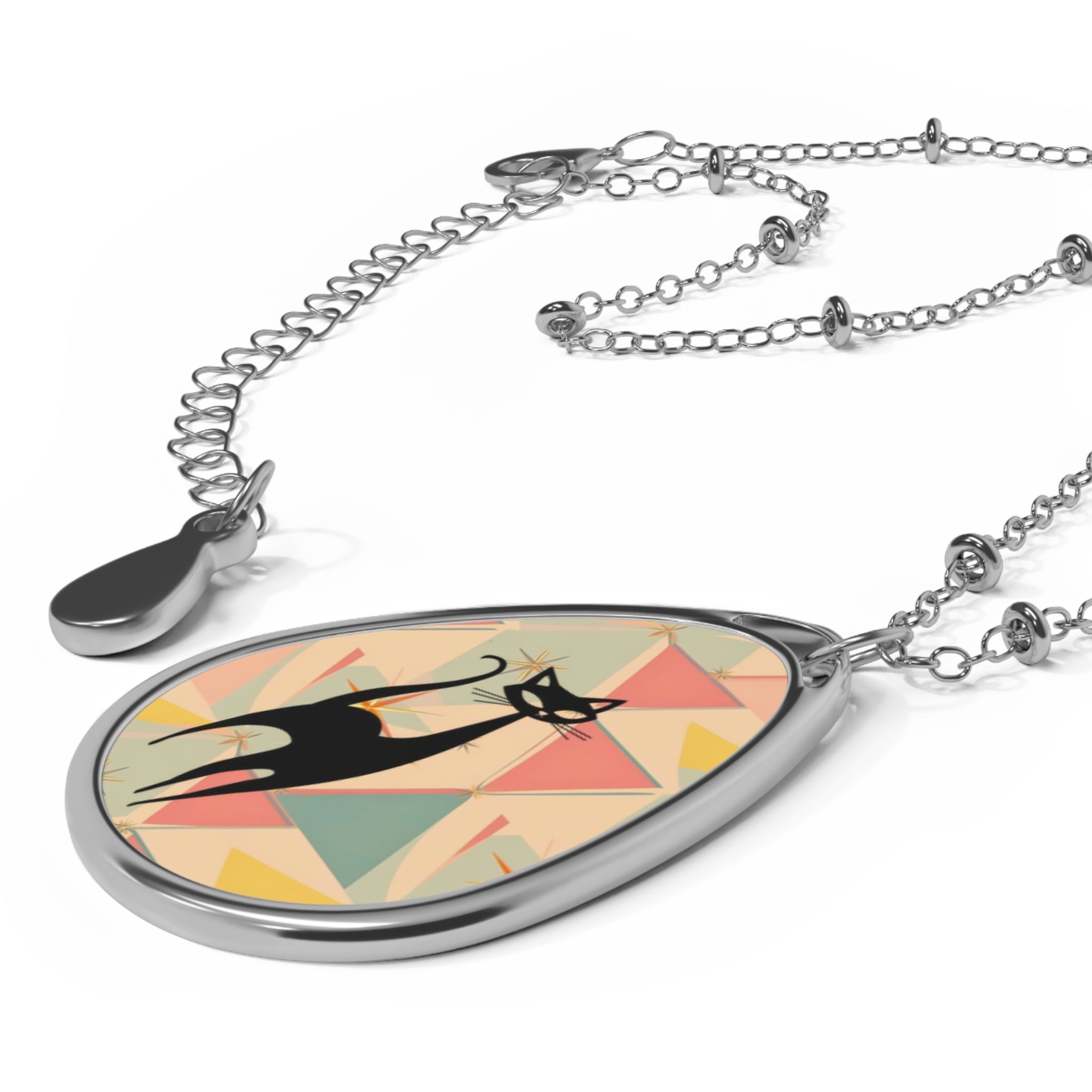 Atomic Cat Starburst Geometric Cat Oval Necklace - Stylish Mod-Inspired Jewelry - Mid Century Modern Gal