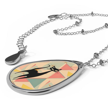 Atomic Cat Starburst Geometric Cat Oval Necklace - Stylish Mod-Inspired Jewelry - Mid Century Modern Gal