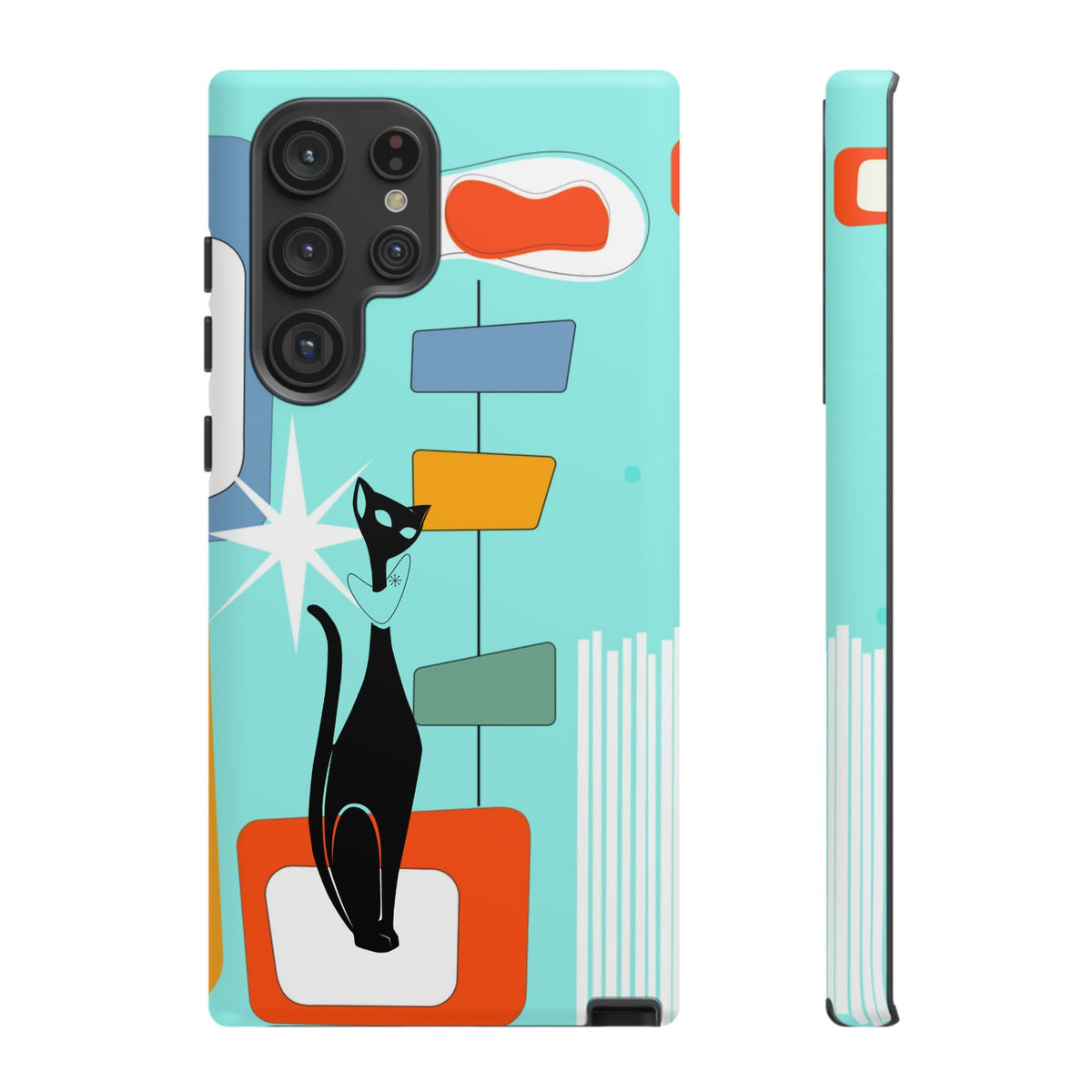 Atomic Cat, Mid Mod Aqua Blue, Geometric, Samsung, Google Pixel, Apple iPhone Tough Cases - Mid Century Modern Gal