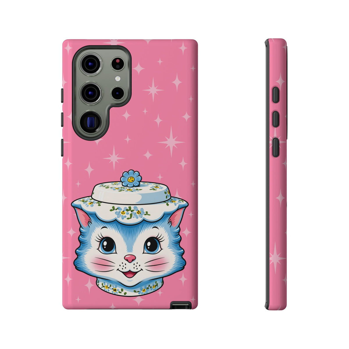 Mid Century Modern Kitschy Anthropomorphic Blue Cat with Floral Hat Tough Phone Case