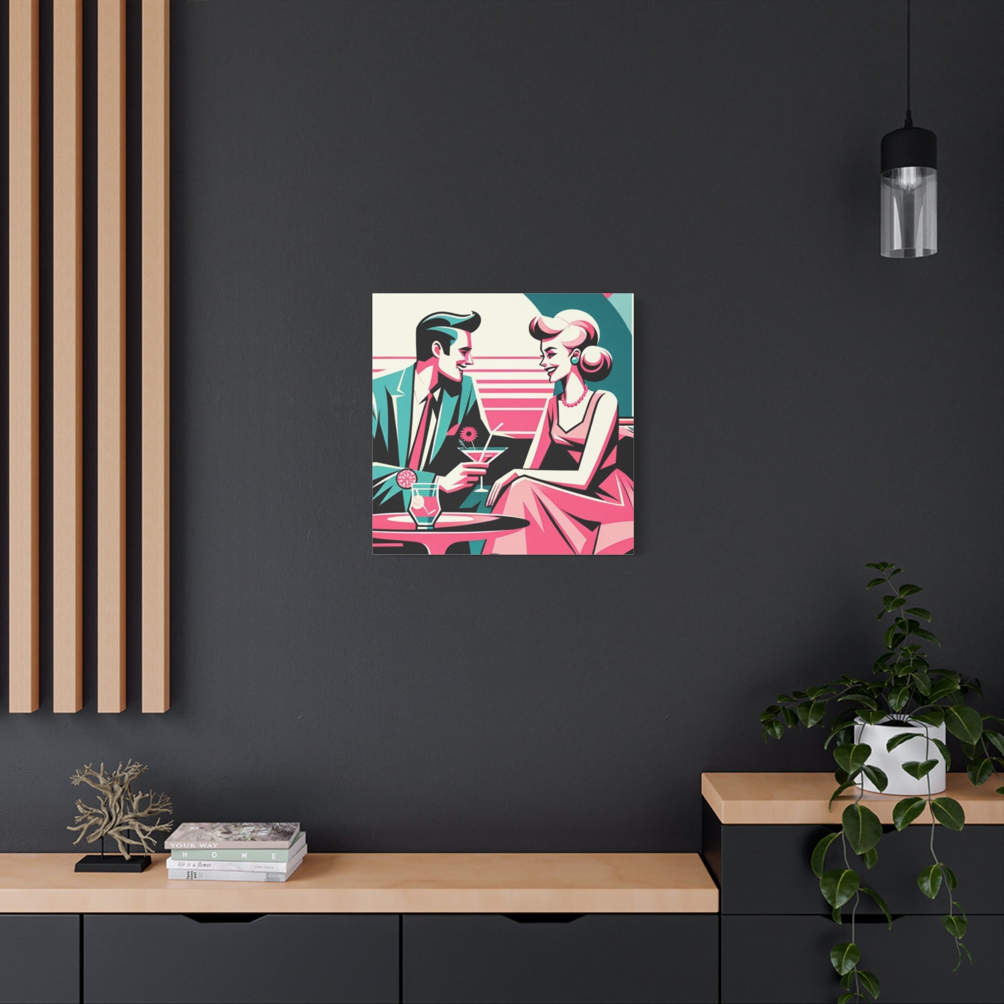 Mid Mod Retro Romance Pink, Aqua Teal Kitschy Mod Wall Art - Vintage Couple Design - Mid Century Modern Gal