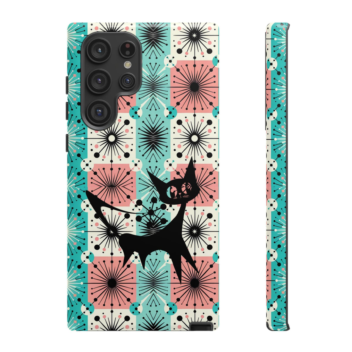 Atomic Kitschy Cat, Mid Century Modern Pink, Aqua Starbursts Tough Phone Case