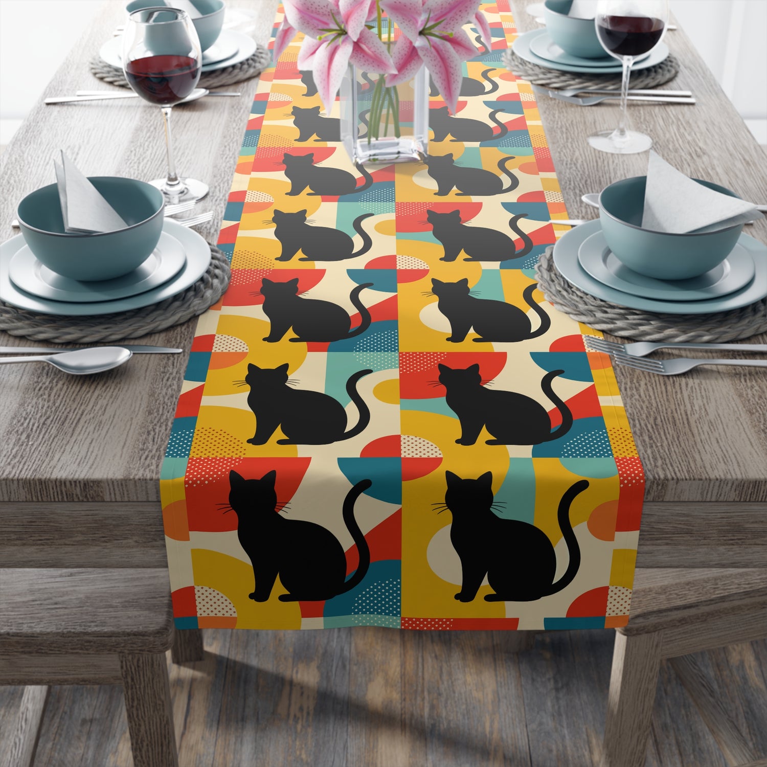 Pop Art Black Atomic Cats, Red Blue Yellow, Table Runner - Mid Century Modern Gal