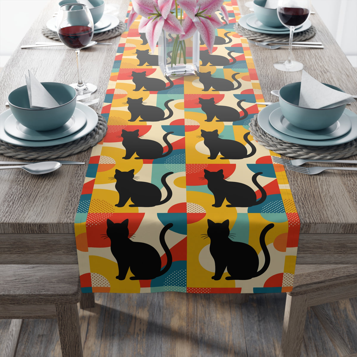 Pop Art Black Atomic Cats, Red Blue Yellow, Table Runner - Mid Century Modern Gal