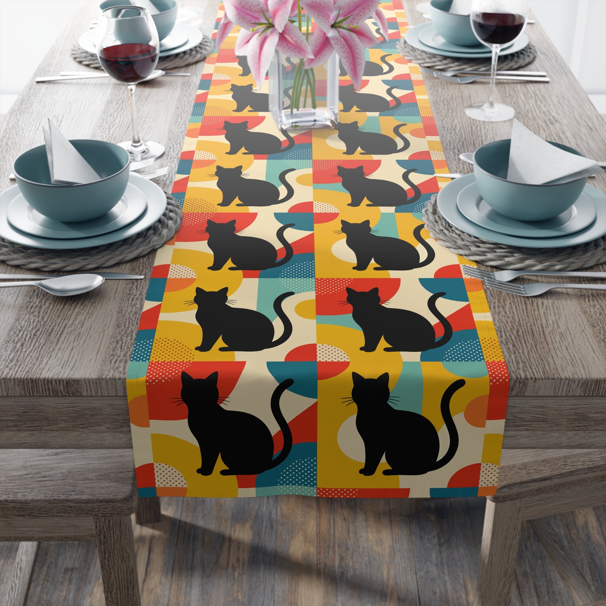 Pop Art Black Atomic Cats, Red Blue Yellow, Table Runner - Mid Century Modern Gal