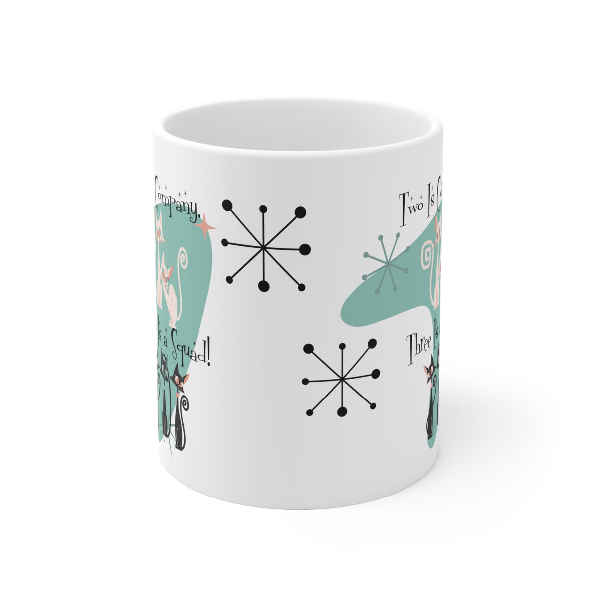 Three Is A Squad, Cat Mom, Best Friends Coffee Mug, Kitschy Cute Atomic Kitties Ceramic Mug 11oz - Mid Century Modern Gal