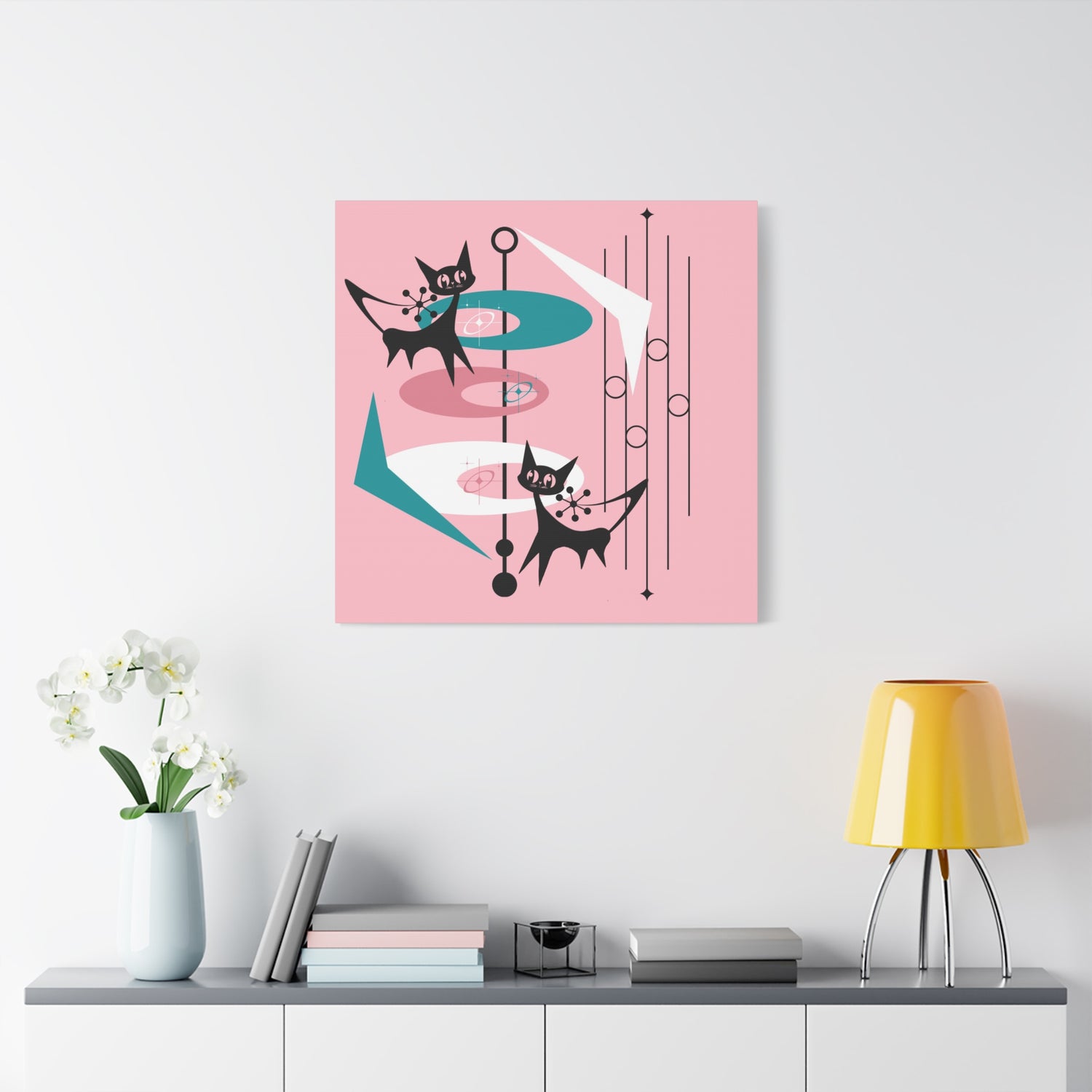 Atomic Cat Pink Abstract Minimalist Mid Century Modern Wall Canvas Art - Modern Geometric Wall Decor