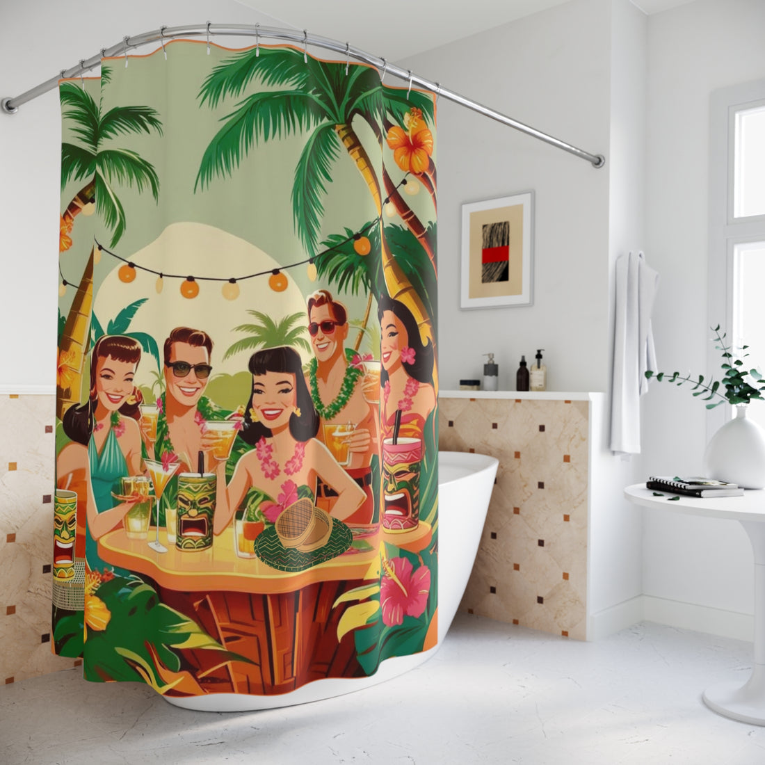 Mid Century Modern Tiki Party, Tropical Retro Shower Curtain - Vintage Beach Party Design - Mid Century Modern Gal