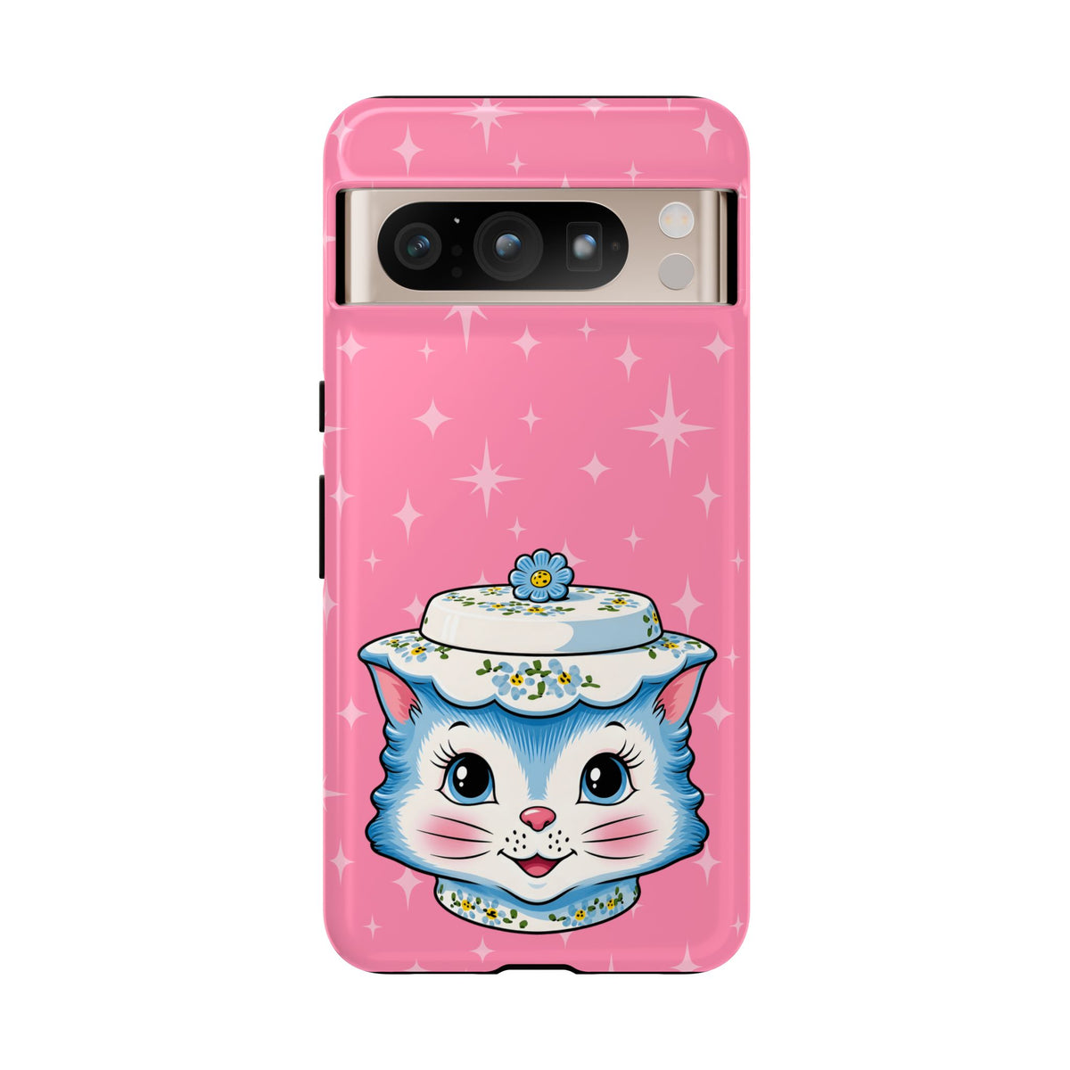 Mid Century Modern Kitschy Anthropomorphic Blue Cat with Floral Hat Tough Phone Case