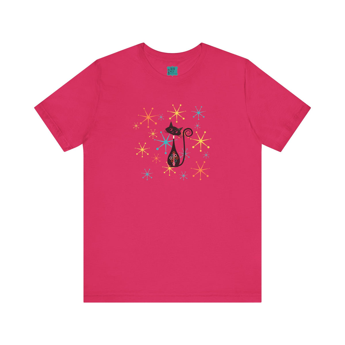 Atomic Cat Mid Century Modern Starburst Whimsical Cat Short Sleeve Tee - Colorful Star Design - Mid Century Modern Gal