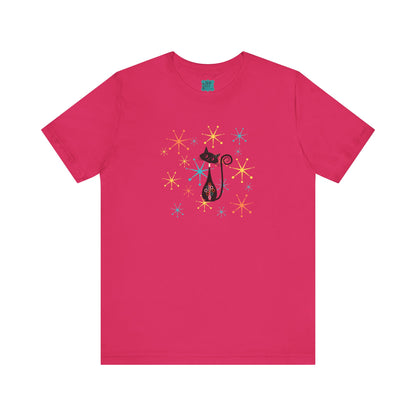 Atomic Cat Mid Century Modern Starburst Whimsical Cat Short Sleeve Tee - Colorful Star Design - Mid Century Modern Gal
