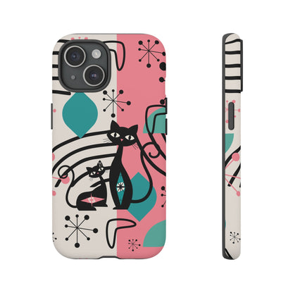 Mid Mod Atomic Cat Boomerang Starburst, Pink, Black Kitschy Stylish Cat Phone Case: Modern Design for Cat Lovers - Mid Century Modern Gal