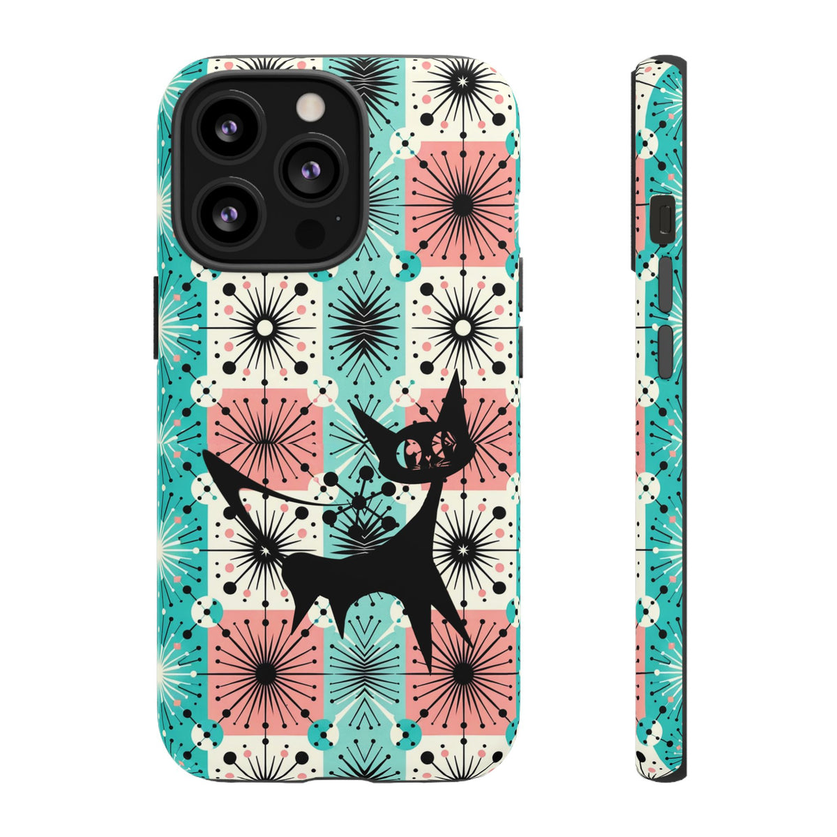Atomic Kitschy Cat, Mid Century Modern Pink, Aqua Starbursts Tough Phone Case