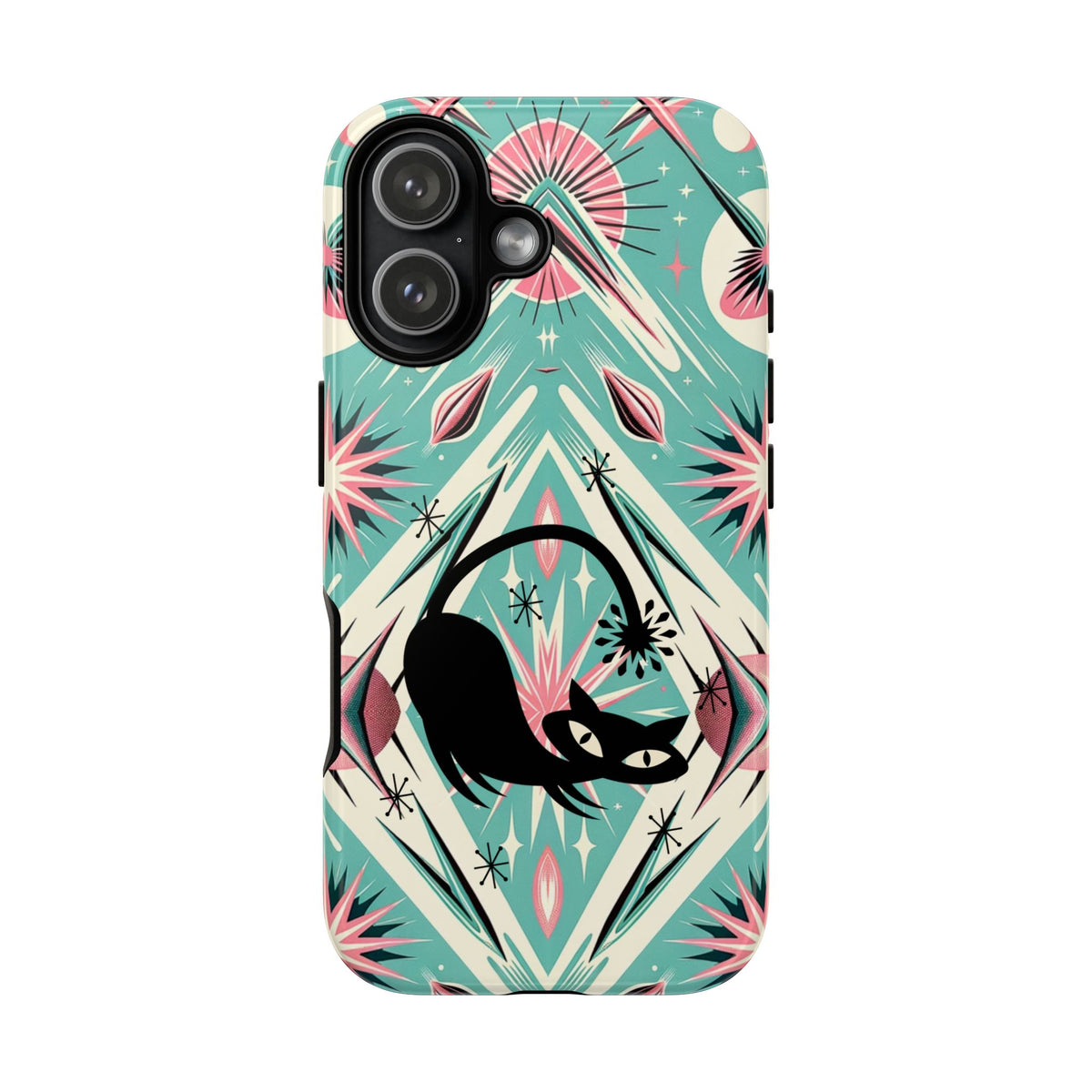 Atomic Cat, Mid Century Modern Aqua Blue, Pink, Starbursts Tough Phone Case