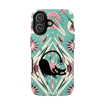 Atomic Cat, Mid Century Modern Aqua Blue, Pink, Starbursts Tough Phone Case