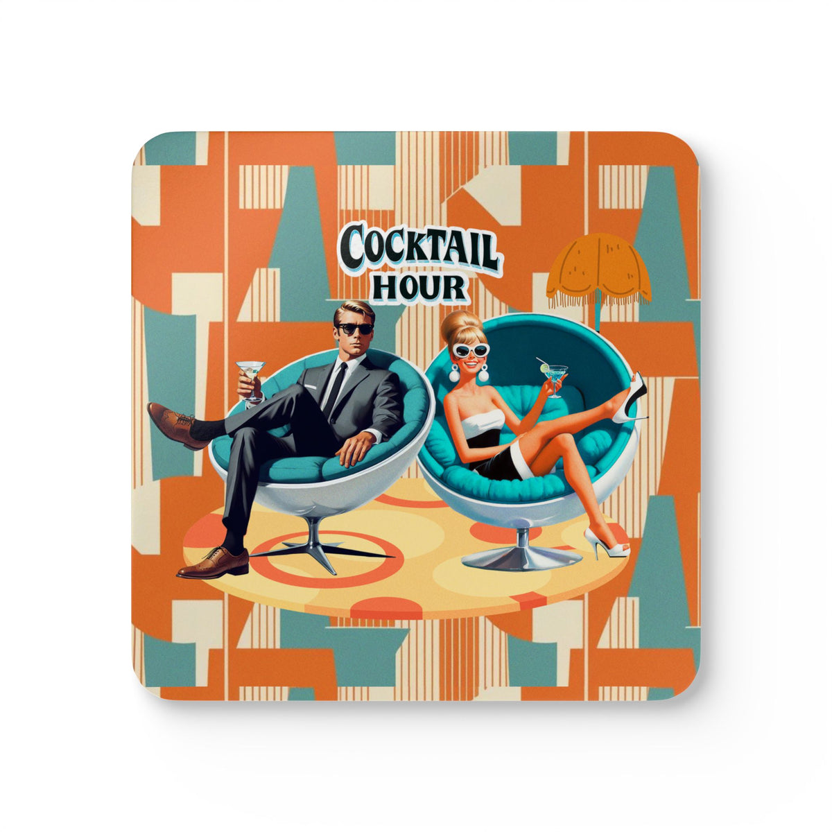 Mid Mod Cocktail Hour, Retro Orange Teal Vintage Cocktail Hour Coaster Set - Retro Drinking Décor - Mid Century Modern Gal