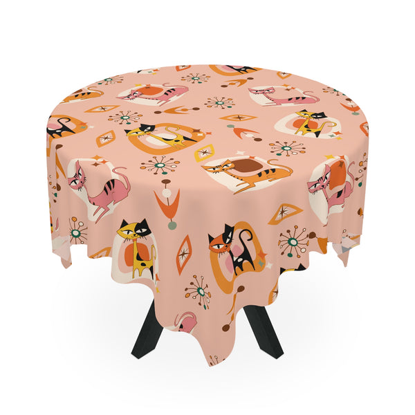 Atomic Cat Kitschy Mid Century Modern Coral Pink Quirky Fun Spring Summer Tablecloth