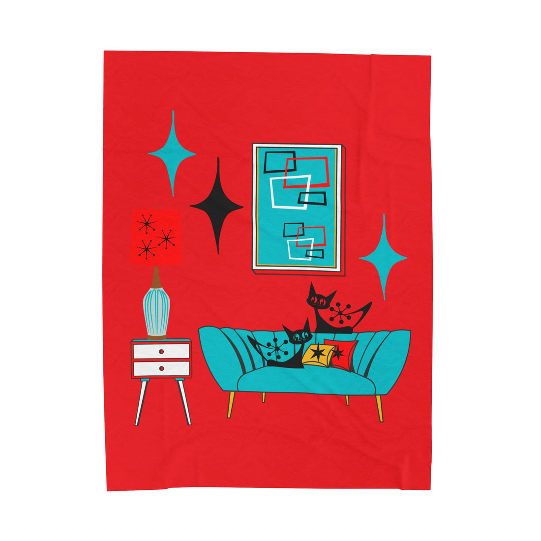 Atomic Cat Art, Cozy Mid Century Modern, Retro Red, Aqua Blue, Teal, Starburst, Black Cat Lover Sherpa Blanket - Mid Century Modern Gal