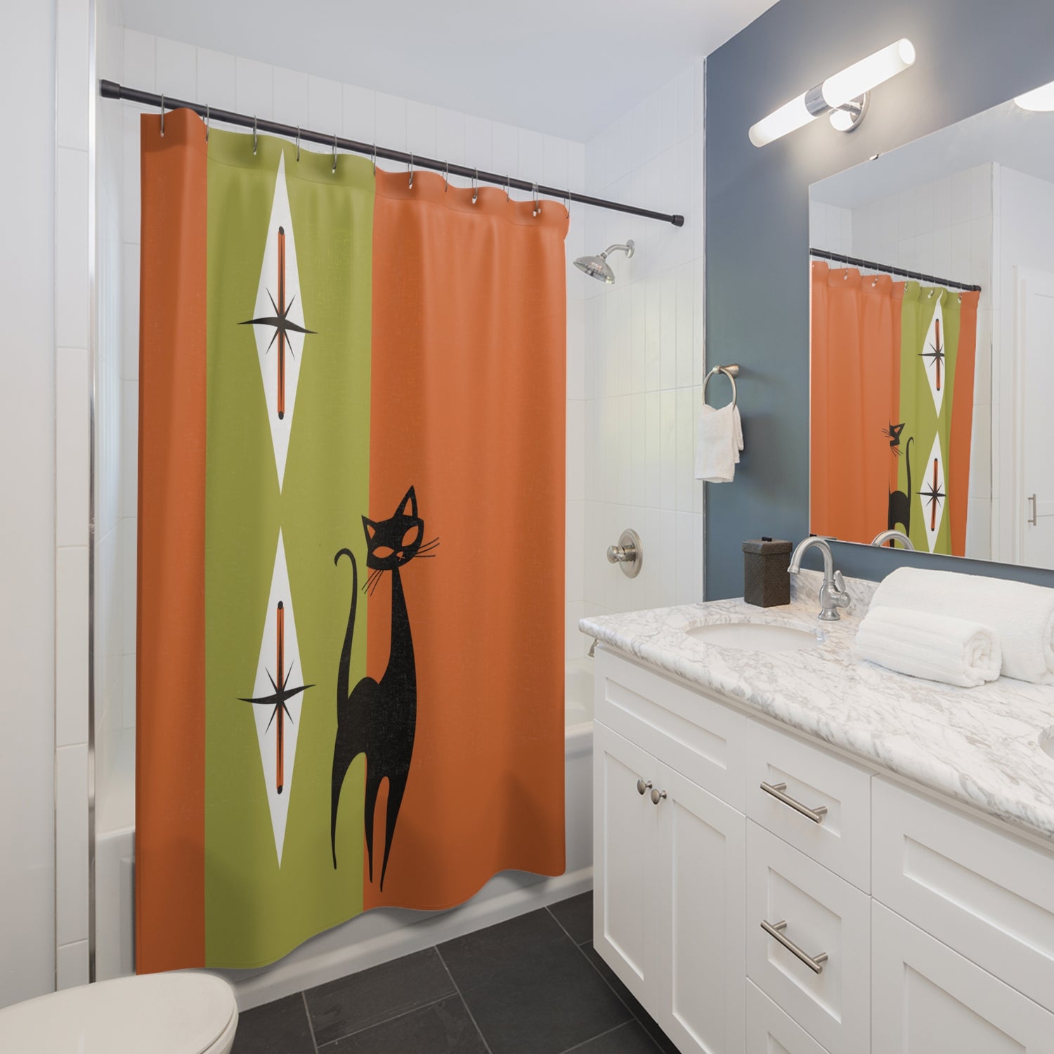 Atomic Cat Shower Curtain, Orange, Green Starburst Shower Curtain – Vintage Mid-Century Design for Cat Lovers - Mid Century Modern Gal
