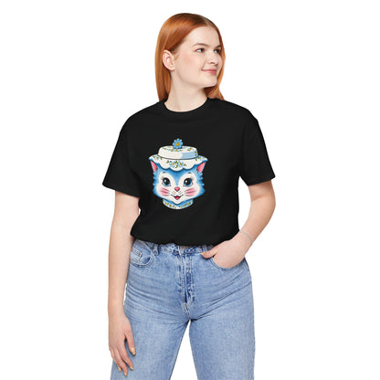 Mid Century Modern Kitschy Anthropomorphic Blue Cat with Floral Hat Unisex T-Shirt