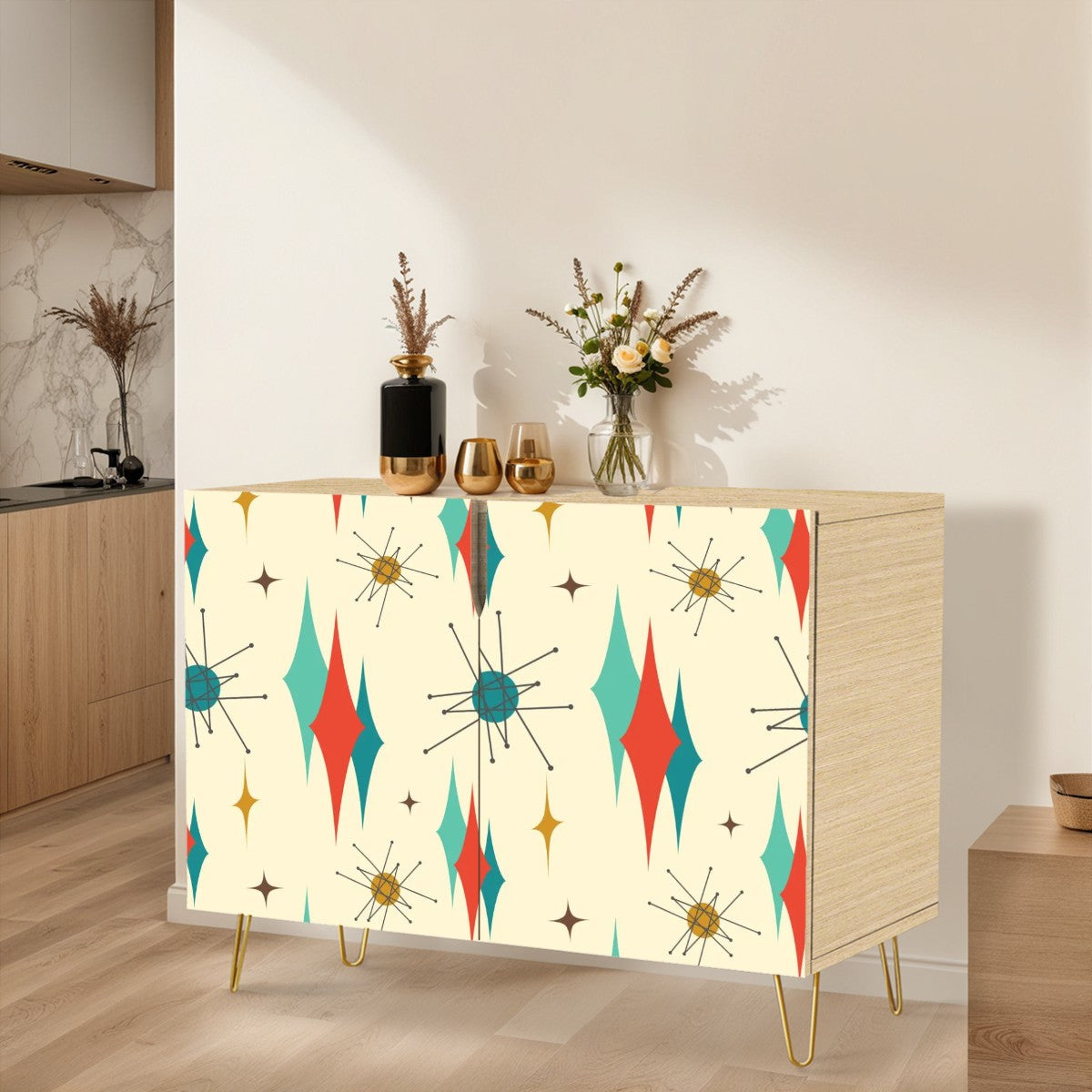 Mid Century Modern Atomic Franciscan Starbursts MCM Wooden Storage Cabinet - Mid Century Modern Gal