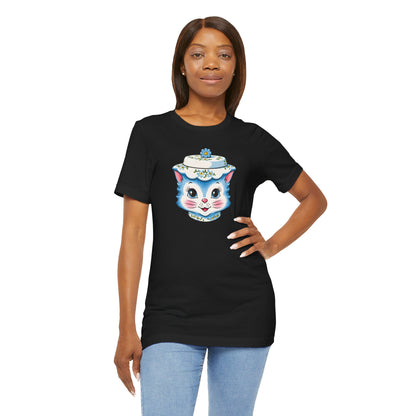 Mid Century Modern Kitschy Anthropomorphic Blue Cat with Floral Hat Unisex T-Shirt