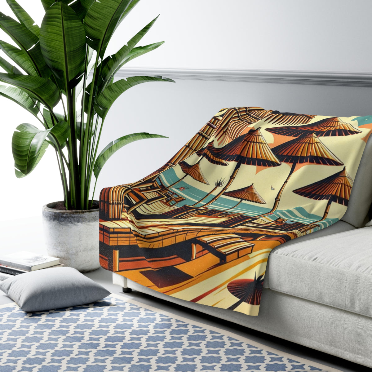 Mid Century Modern Retro Tiki Idol, Tiki Bar, Sunset Beach, MCM Sherpa Fleece Blanket - Mid Century Modern Gal