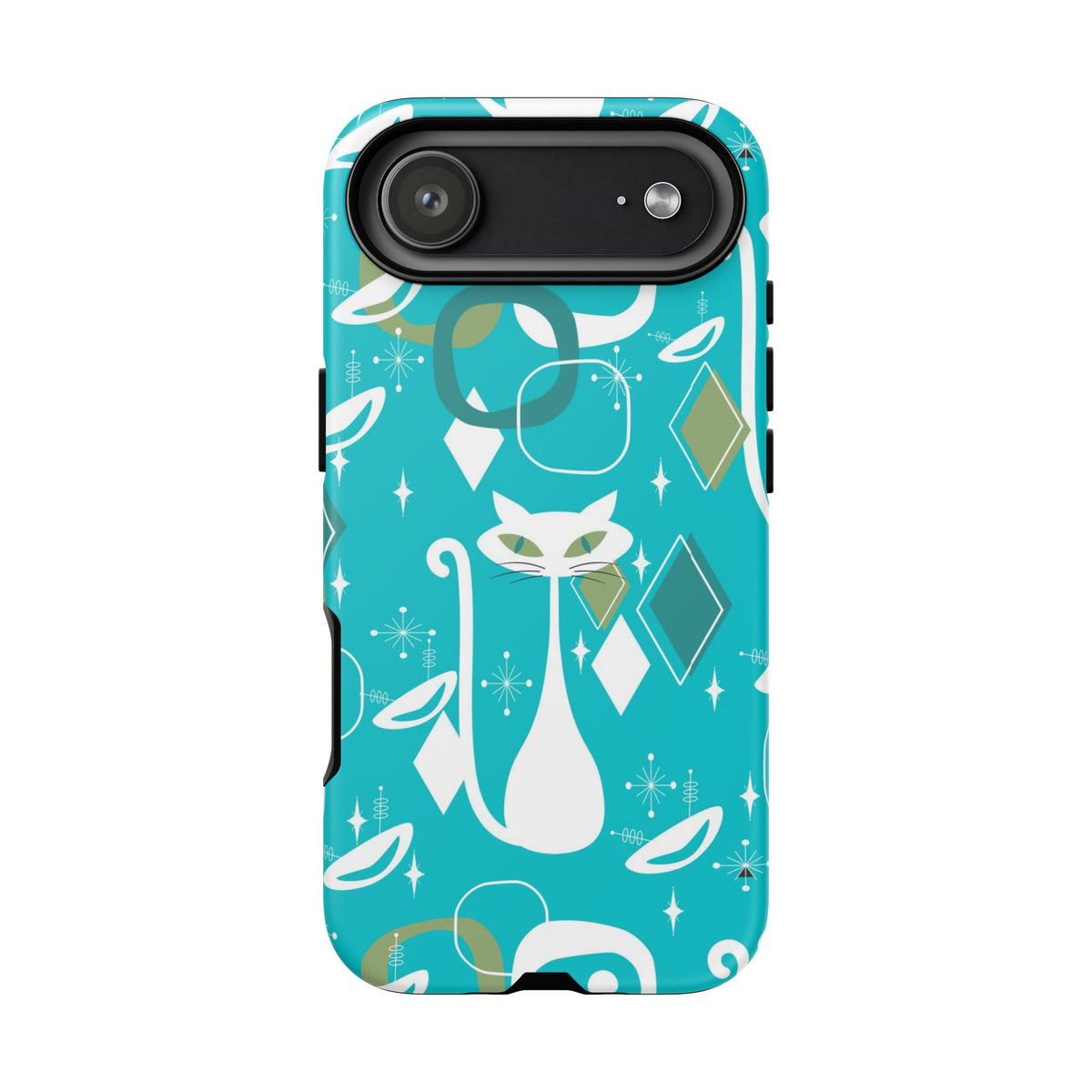 Atomic Cat Space Designs, Mid Century Modern, Aqua, White Kitschy Cat Tough Phone Case