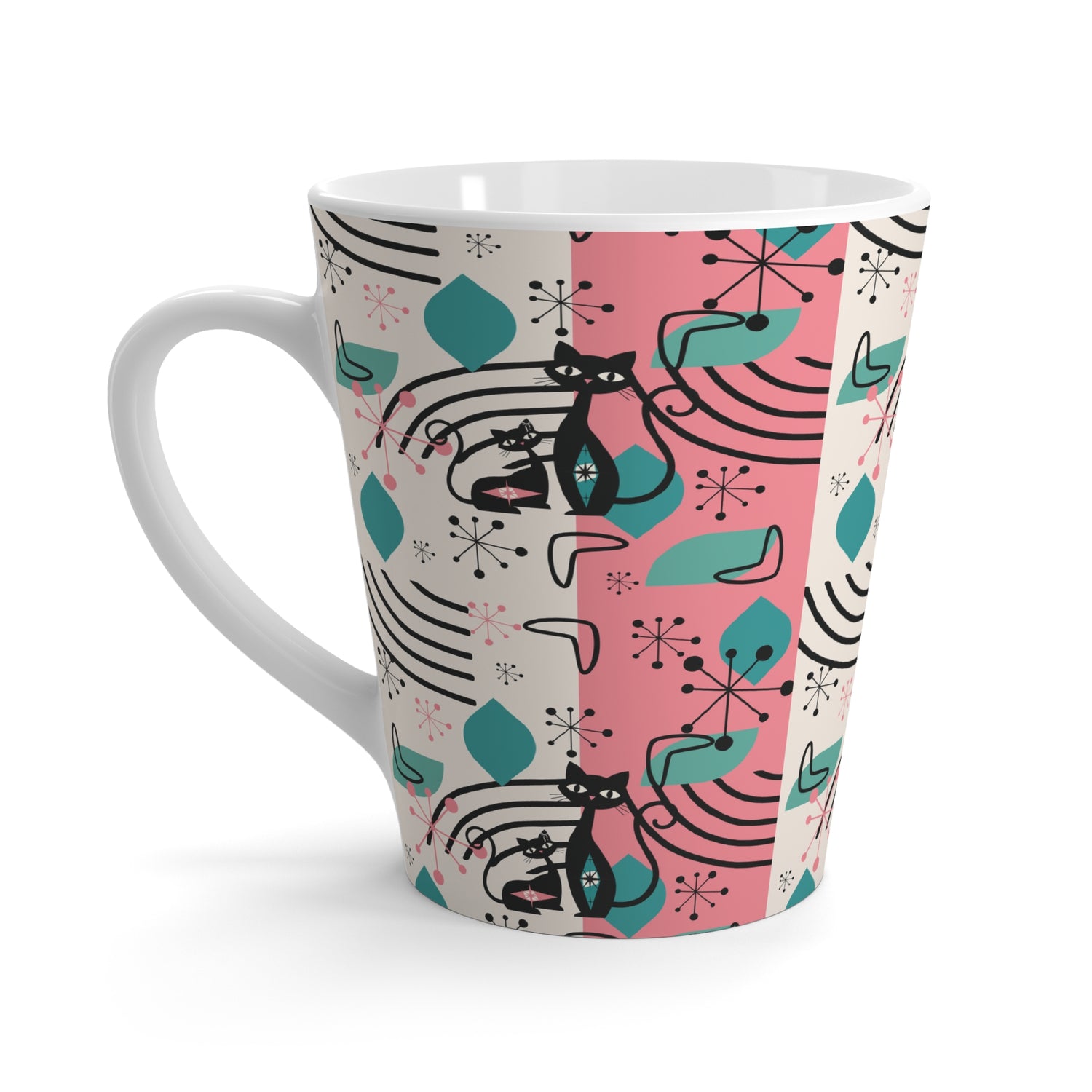 Atomic Space Kitties, Kitschy Retro Latte Mug Whimsical Cat Latte Mug - Colorful &amp; Cheery Coffee Cup for Cat Lovers - Mid Century Modern Gal