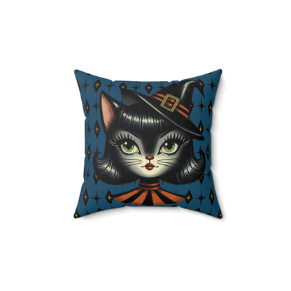 Vintage Halloween Black Cat Sexy Sexton Mid Century Modern Blue Pillow Cover and Insert - Mid Century Modern Gal