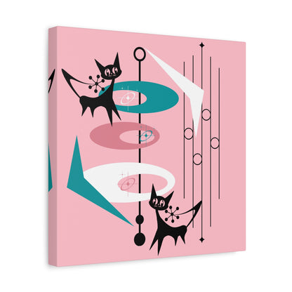 Atomic Cat Pink Abstract Minimalist Mid Century Modern Wall Canvas Art - Modern Geometric Wall Decor