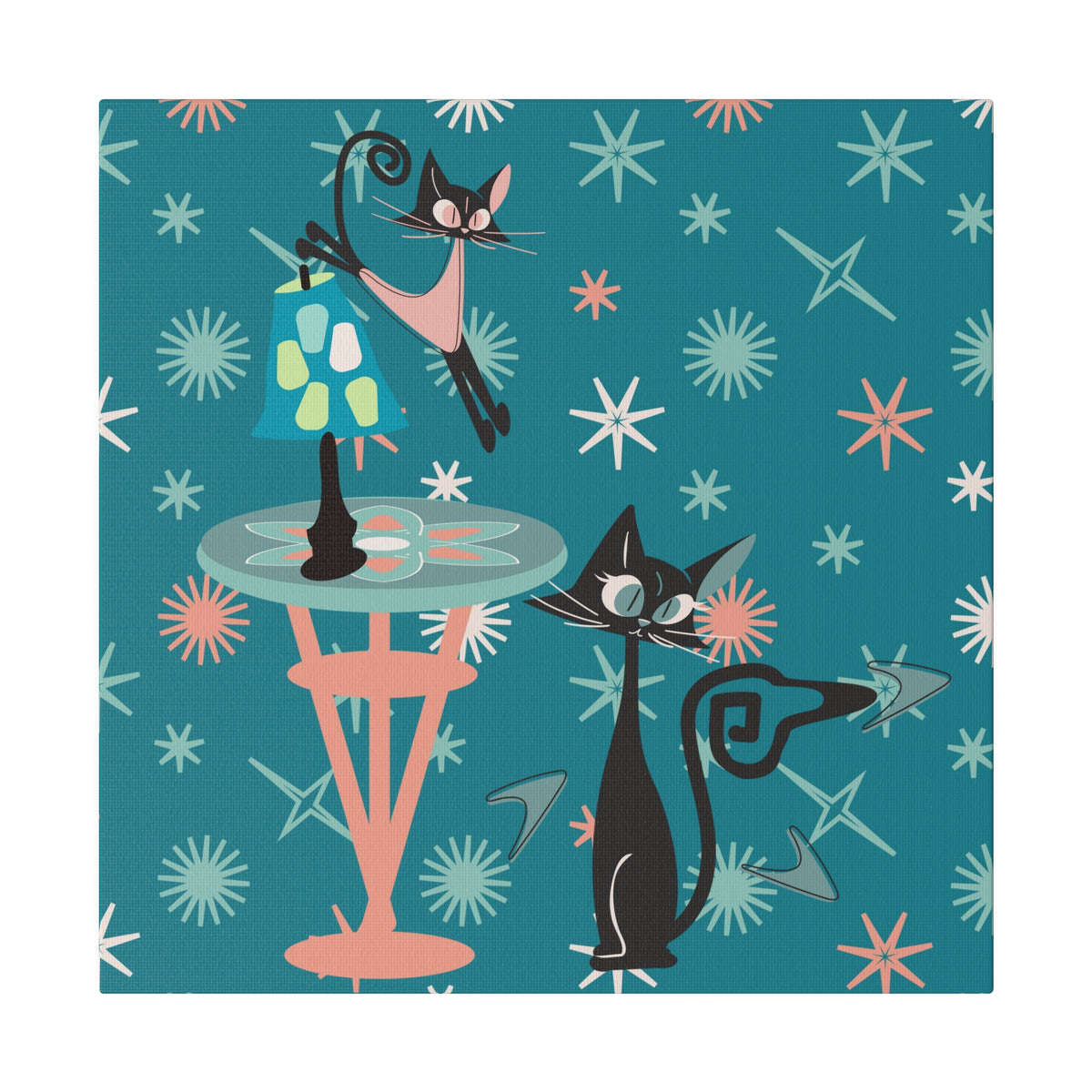 Crazy Atomic Cats, Cat Mom, Kitschy Mid Century Modern Teal Blue, Coral Pink, Mid Century Modern Wall Art - Mid Century Modern Gal