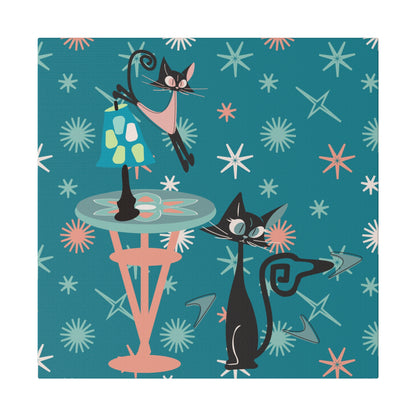 Crazy Atomic Cats, Cat Mom, Kitschy Mid Century Modern Teal Blue, Coral Pink, Mid Century Modern Wall Art