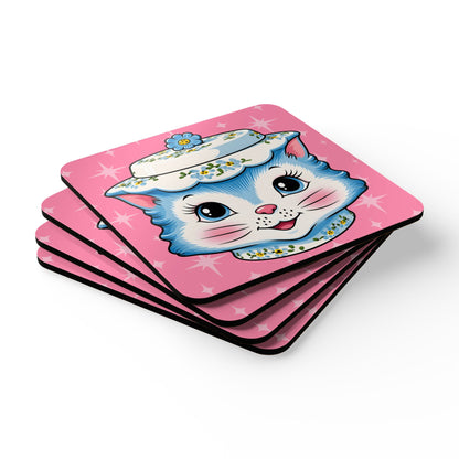 Mid Century Modern Kitschy Anthropomorphic Blue Cat with Floral Hat Corkwood Coaster Set - Mid Century Modern Gal