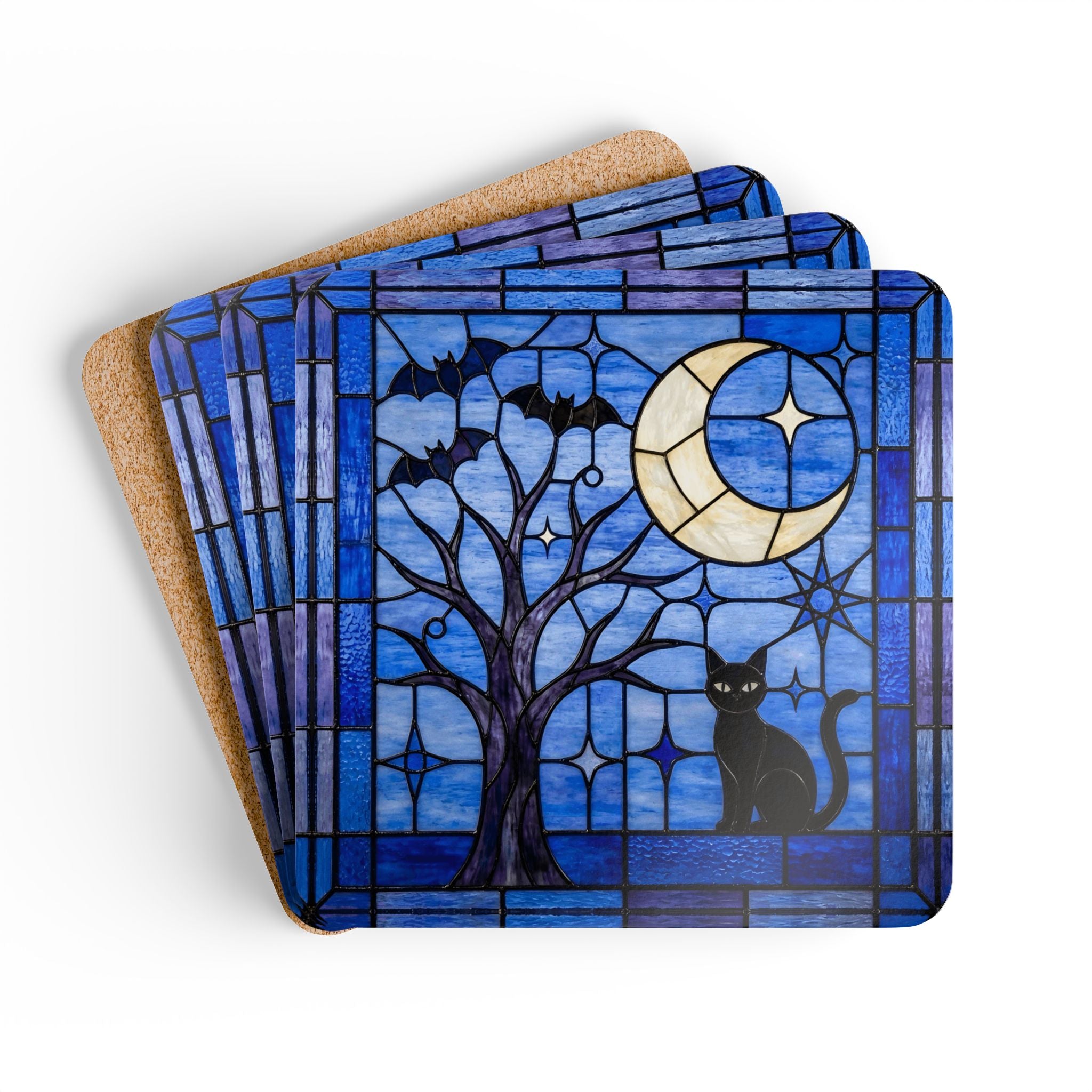 Halloween Stained Glass Style Night Sky Black Cat Corkwood Coaster Set
