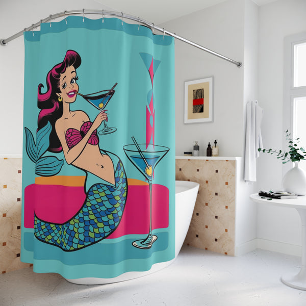 Mid Mod Vintage Mermaid  Martini Sippen' Shower Curtain - Fun Bathroom Decor for Beach Lovers