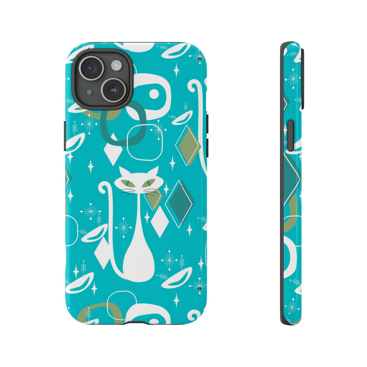 Atomic Cat Space Designs, Mid Century Modern, Aqua, White Kitschy Cat Tough Phone Case