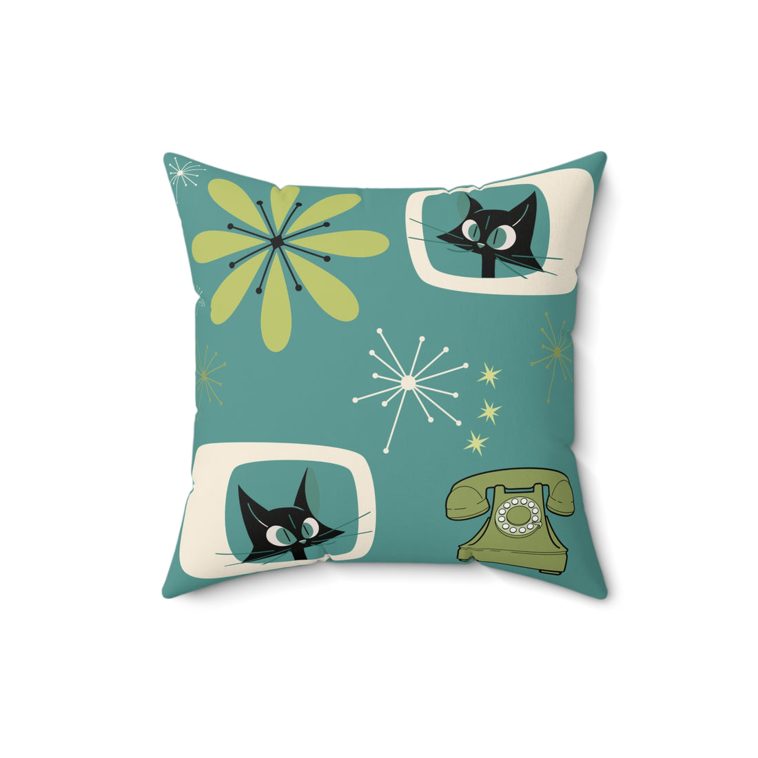 Atomic Space Cat, Teal Mid Century Modern Kitschy Mod Decorative Pillow