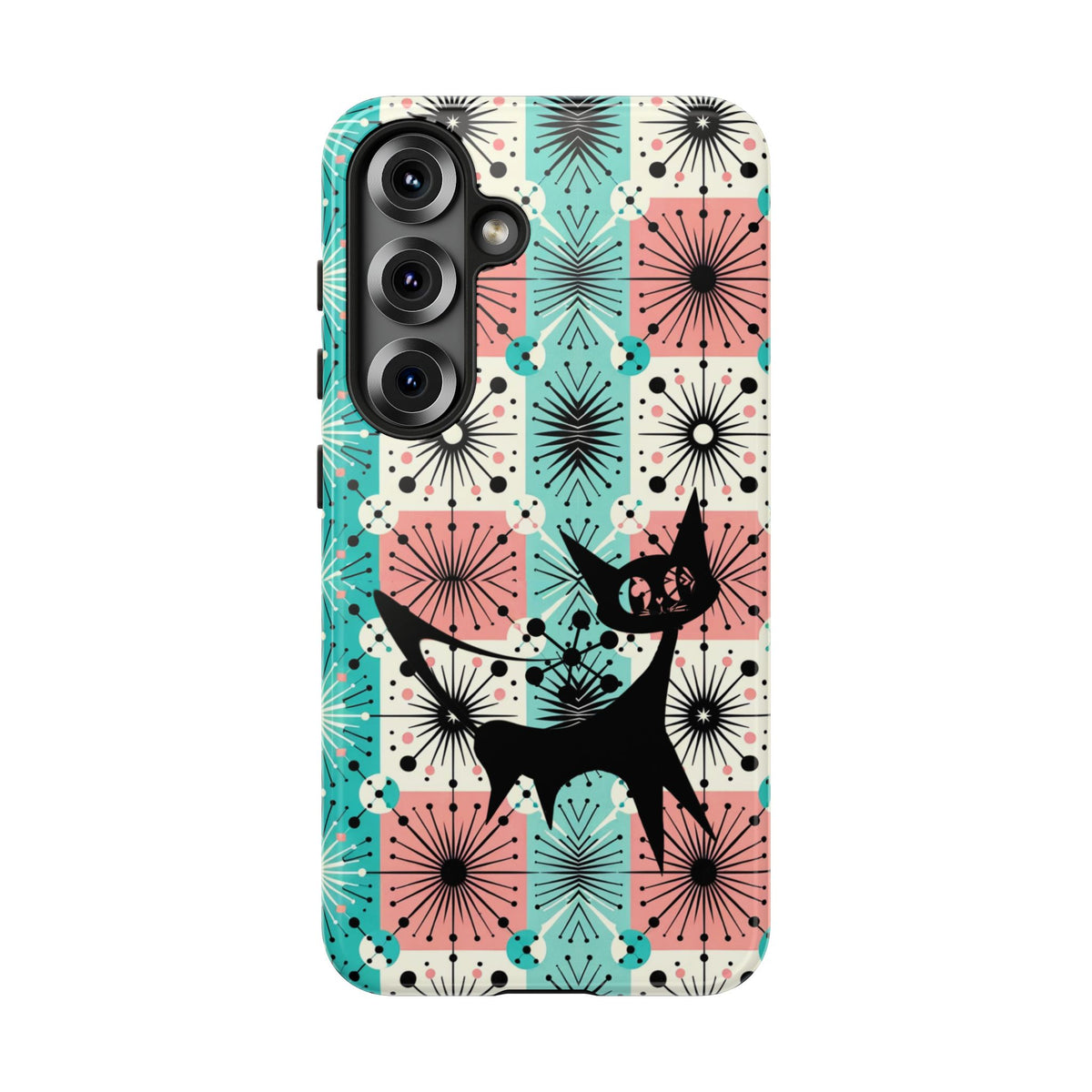 Atomic Kitschy Cat, Mid Century Modern Pink, Aqua Starbursts Tough Phone Case