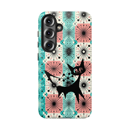 Atomic Kitschy Cat, Mid Century Modern Pink, Aqua Starbursts Tough Phone Case