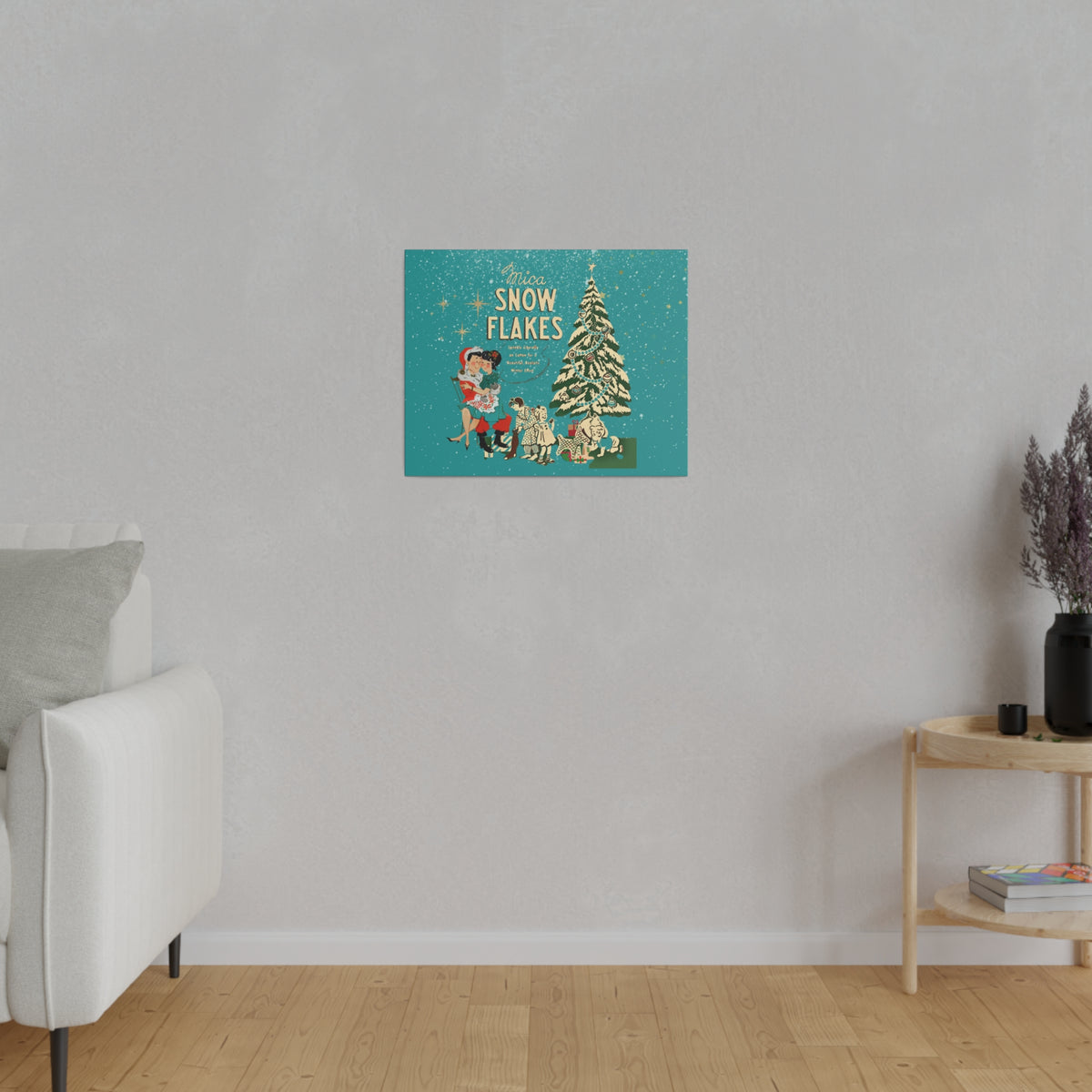 Mid Century Modern Kitschy Christmas Mantel Wall Art, Teal Blue, Mica Snow 50s Mod Couple Christmas Scene Canvas Art - Mid Century Modern Gal