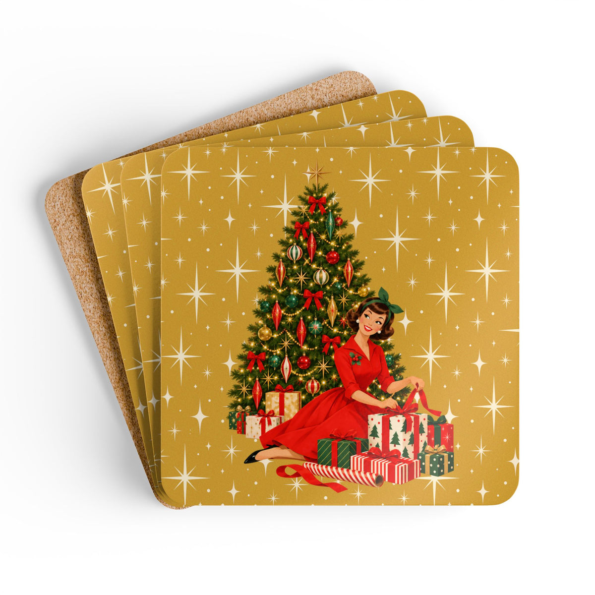 Mid Century Modern Christmas Glamour Gal Wrapping Presents by Tree, Gold Atomic Starbursts Corkwood Coaster Set