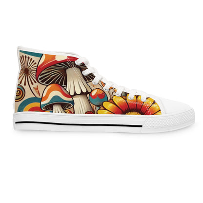 70s Mushroom Flower Power Bohemian Style High Top Sneakers with Floral and Mushroom Design - Mid Century Modern Gal