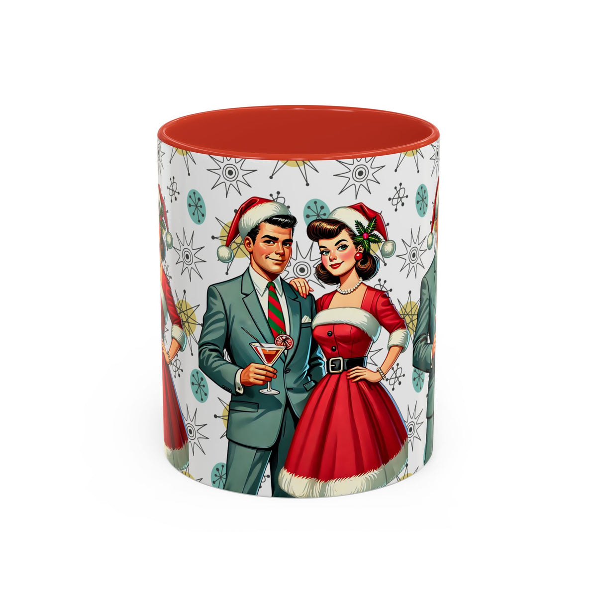 Mid Century Modern 50s Christmas mug featuring Franciscan Starburst pattern with retro couple in festive attire.