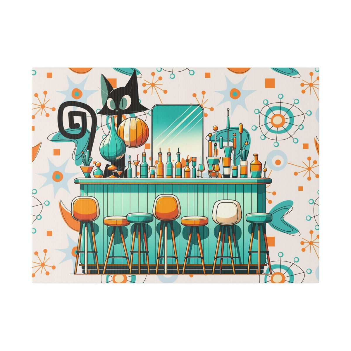 Atomic Cat, Mid Century Modern Kitschy Bar, Orange, Teal Mid Century Modern Wall Art - Mid Century Modern Gal