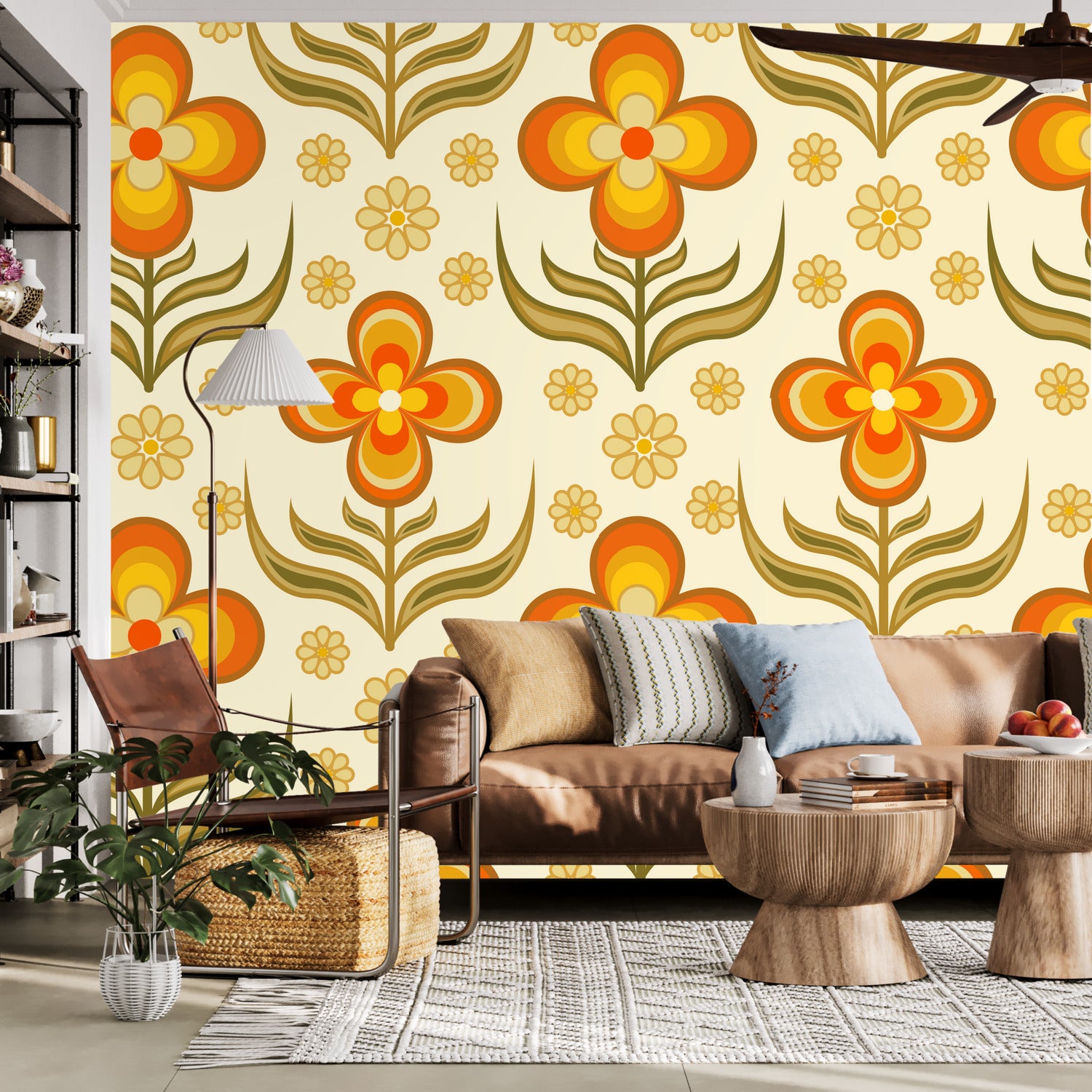 Flower Power, Scandinavian Floral Wallpaper, Peel And Stick Orange, Yellow Green Wall Mural